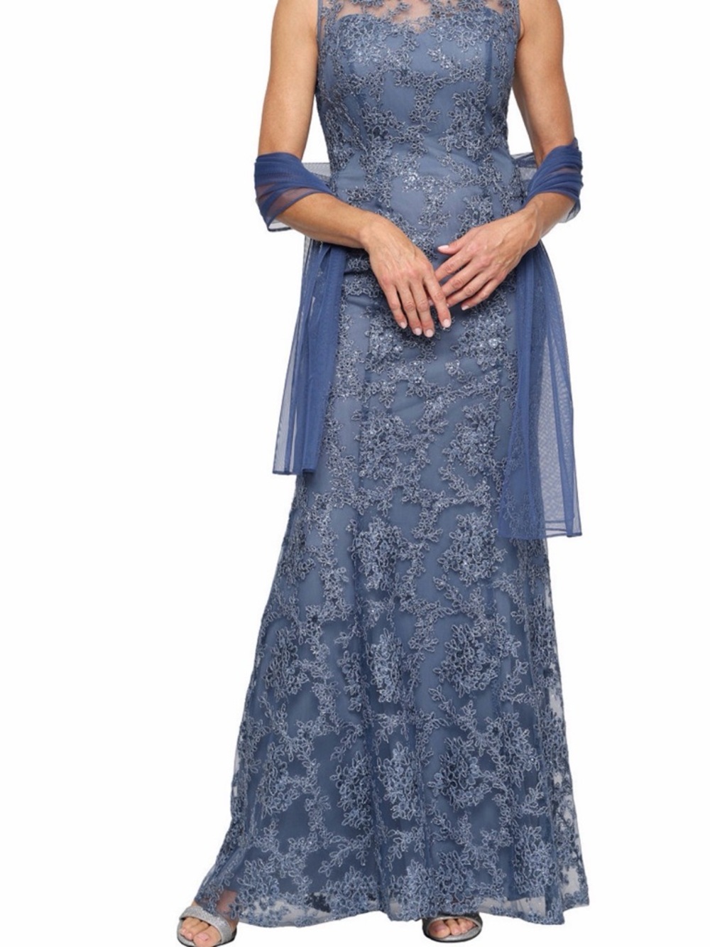 Women’s Long Embroidered Sleeveless Blue Lace Evening Gown with Sheer Overlay